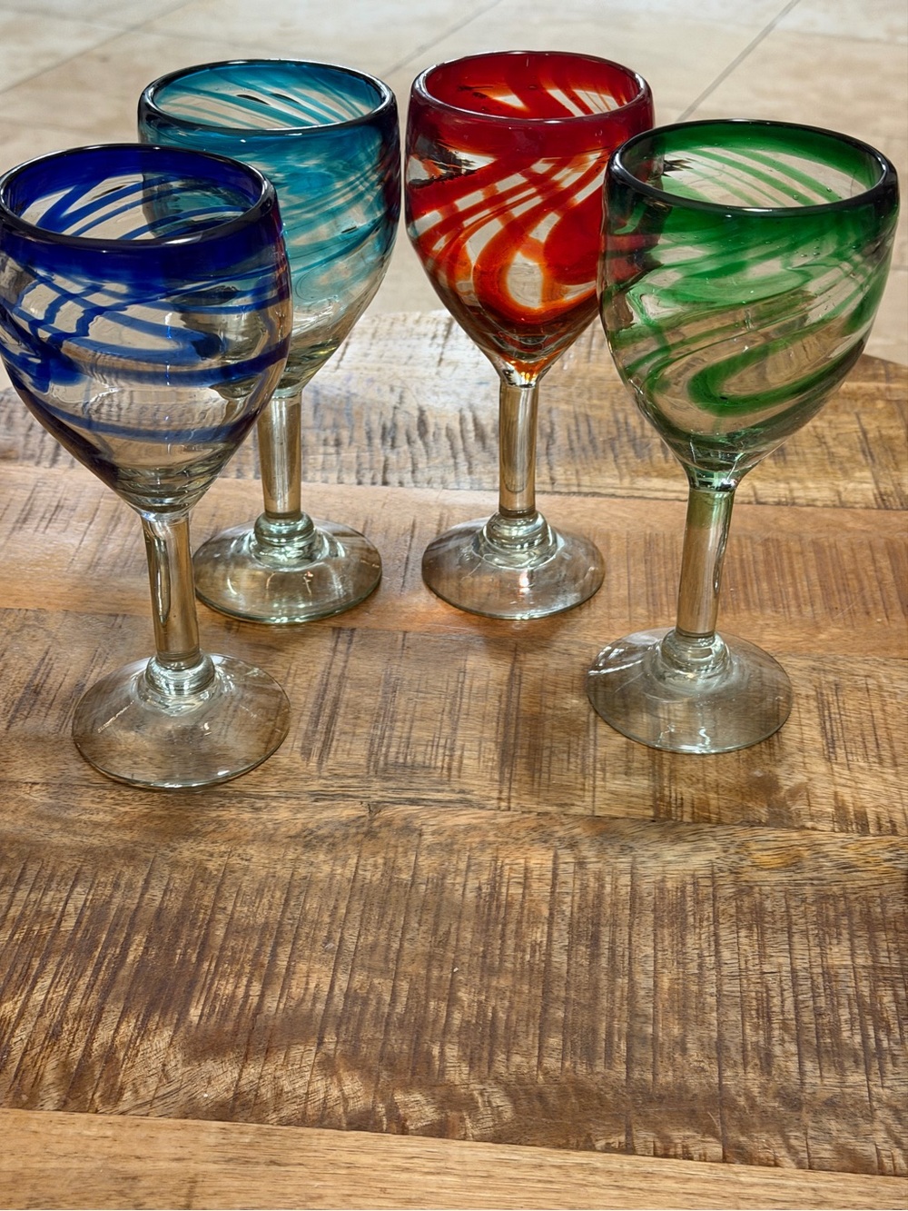 Mexican Handblown Wine Water Glasses Barware Abstract Swirl Multicolor Set of 4
